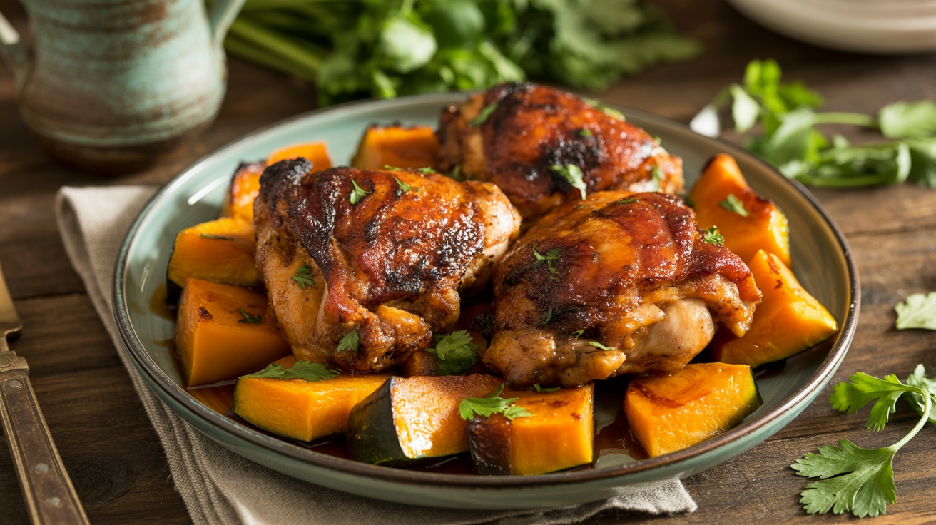 Honey Harissa Chicken with Roasted Squash Recipe Honey harissa chicken thighs with roasted butternut squash on a rustic plate, garnished with fresh herbs.